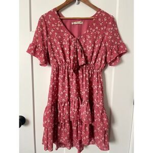 All in Love Pink Floral Tiered Mini Dress Tie Neck Ruffle Sleeve XS